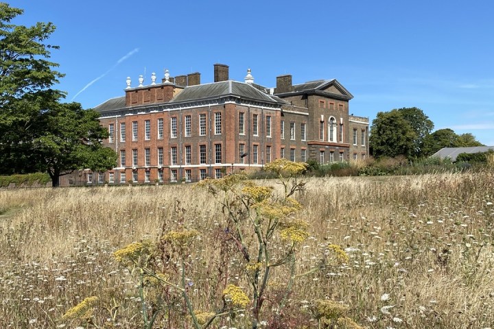 a castle on top of a grass covered field